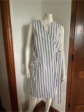 65% linen / 35% cotton Striped Sleeveless Wrap Midi Dress in Blue and White